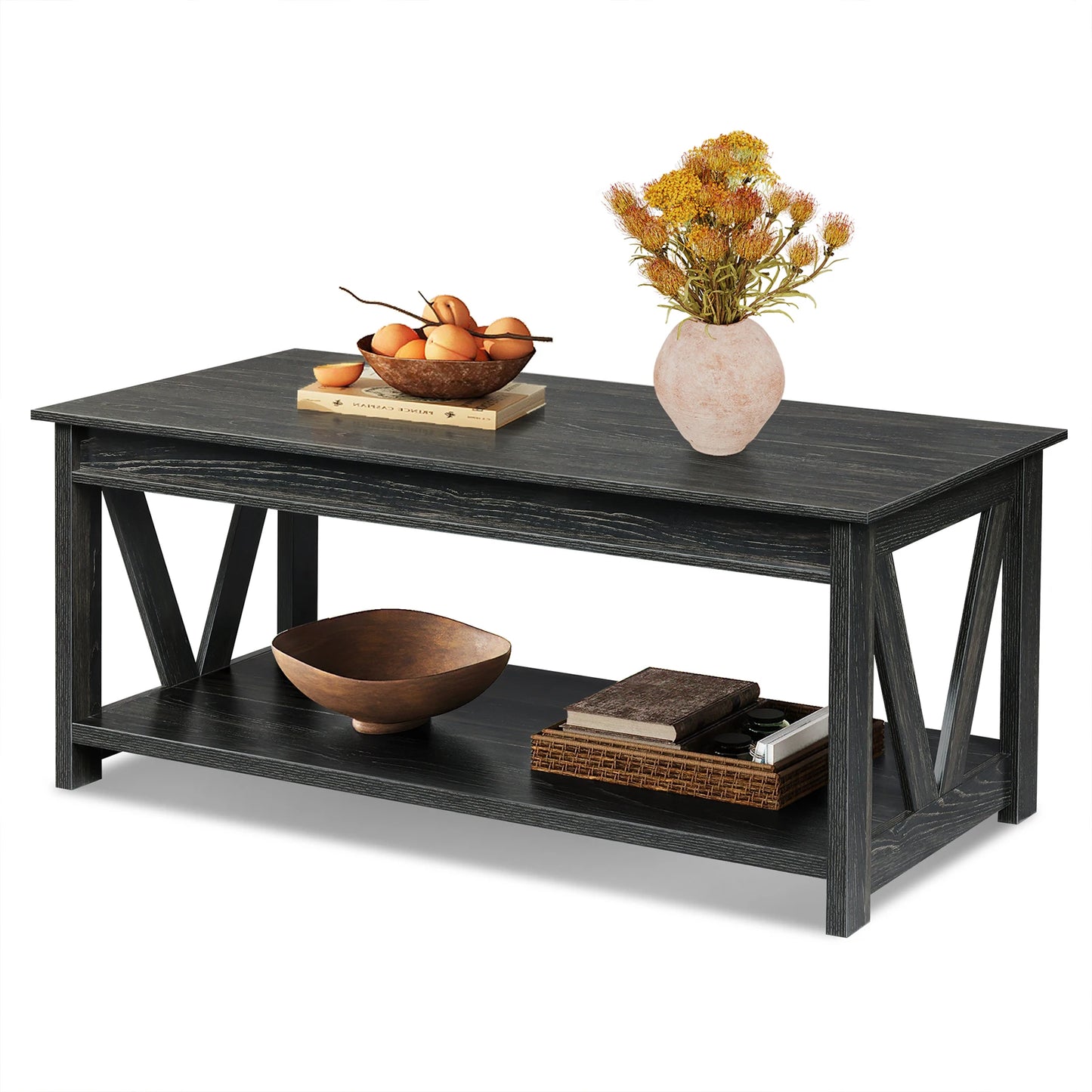 GALAXHERO Farmhouse Wood Coffee Table With Storage Shelf And V Shaped Support