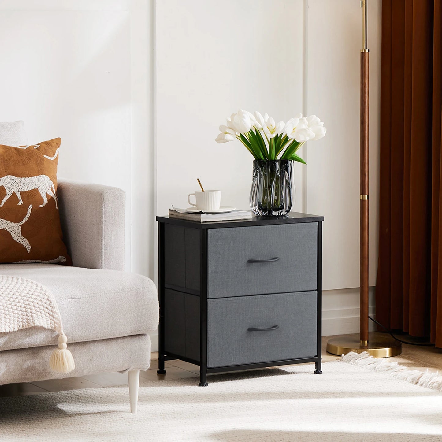 JHK Living Room Cabinet With Fabric Drawers Set Of 2