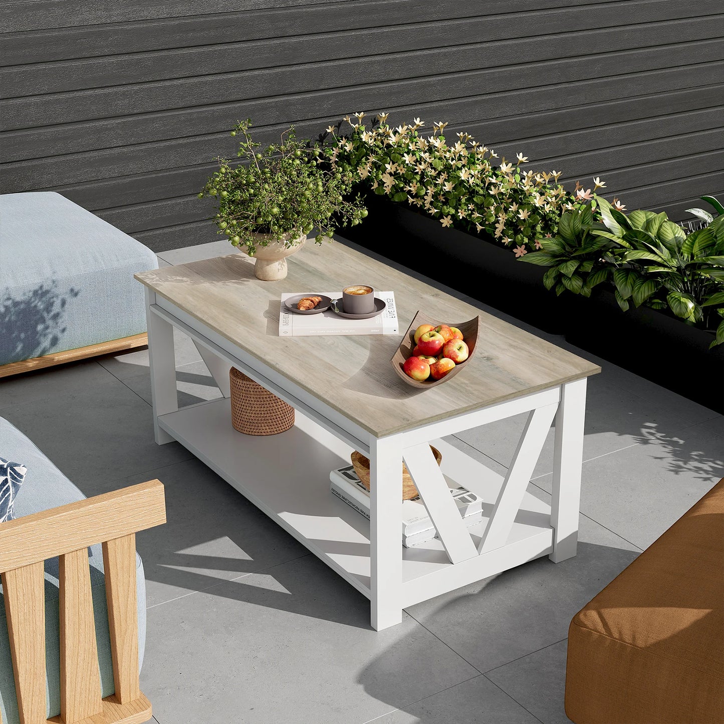 GALAXHERO Farmhouse Wood Coffee Table With Storage Shelf And V Shaped Support