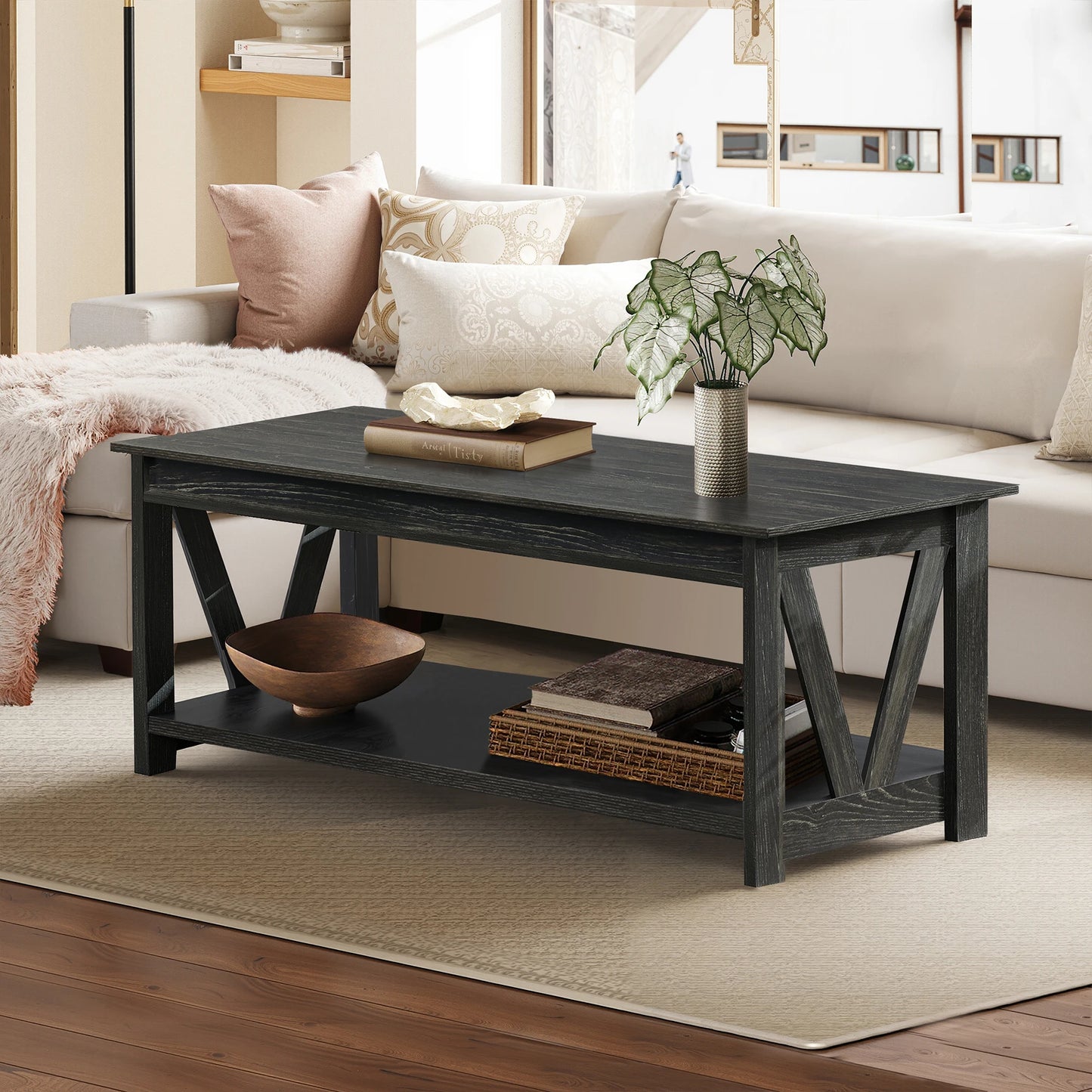 GALAXHERO Farmhouse Wood Coffee Table With Storage Shelf And V Shaped Support