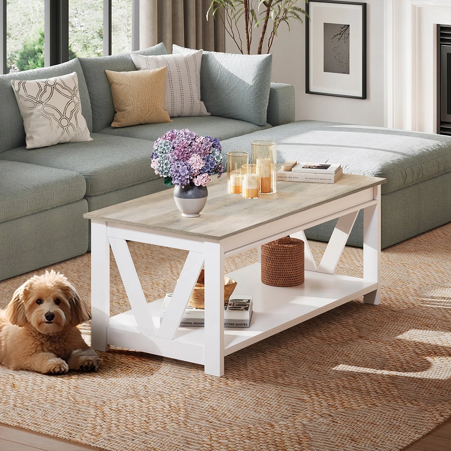 GALAXHERO Farmhouse Wood Coffee Table With Storage Shelf And V Shaped Support