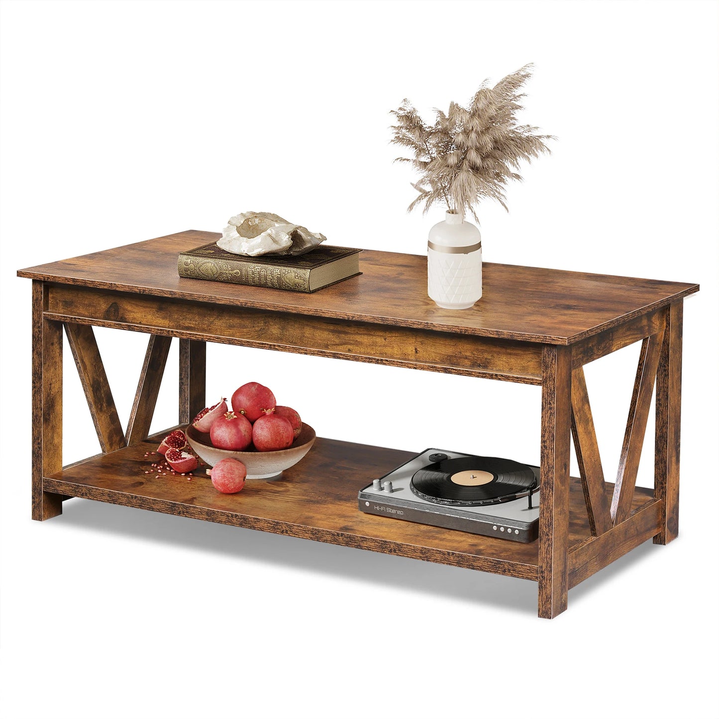 GALAXHERO Farmhouse Wood Coffee Table With Storage Shelf And V Shaped Support