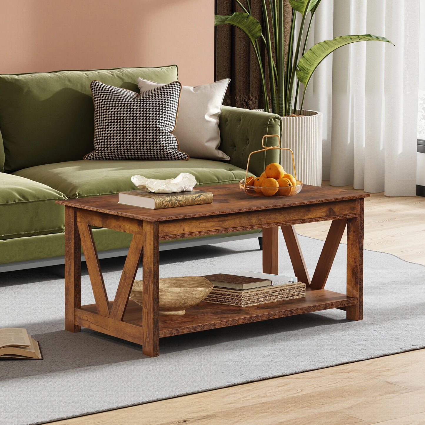 GALAXHERO Farmhouse Wood Coffee Table With Storage Shelf And V Shaped Support