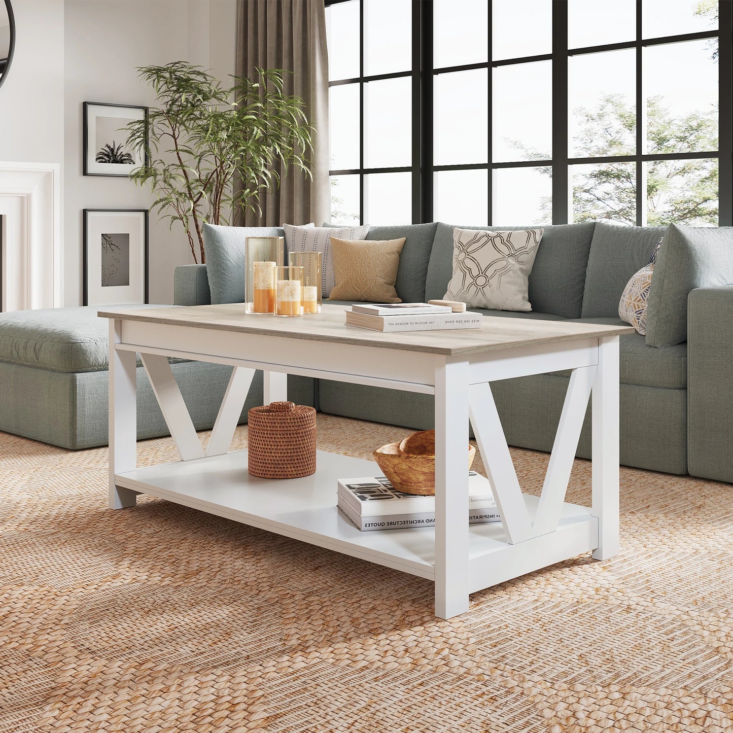 GALAXHERO Farmhouse Wood Coffee Table With Storage Shelf And V Shaped Support
