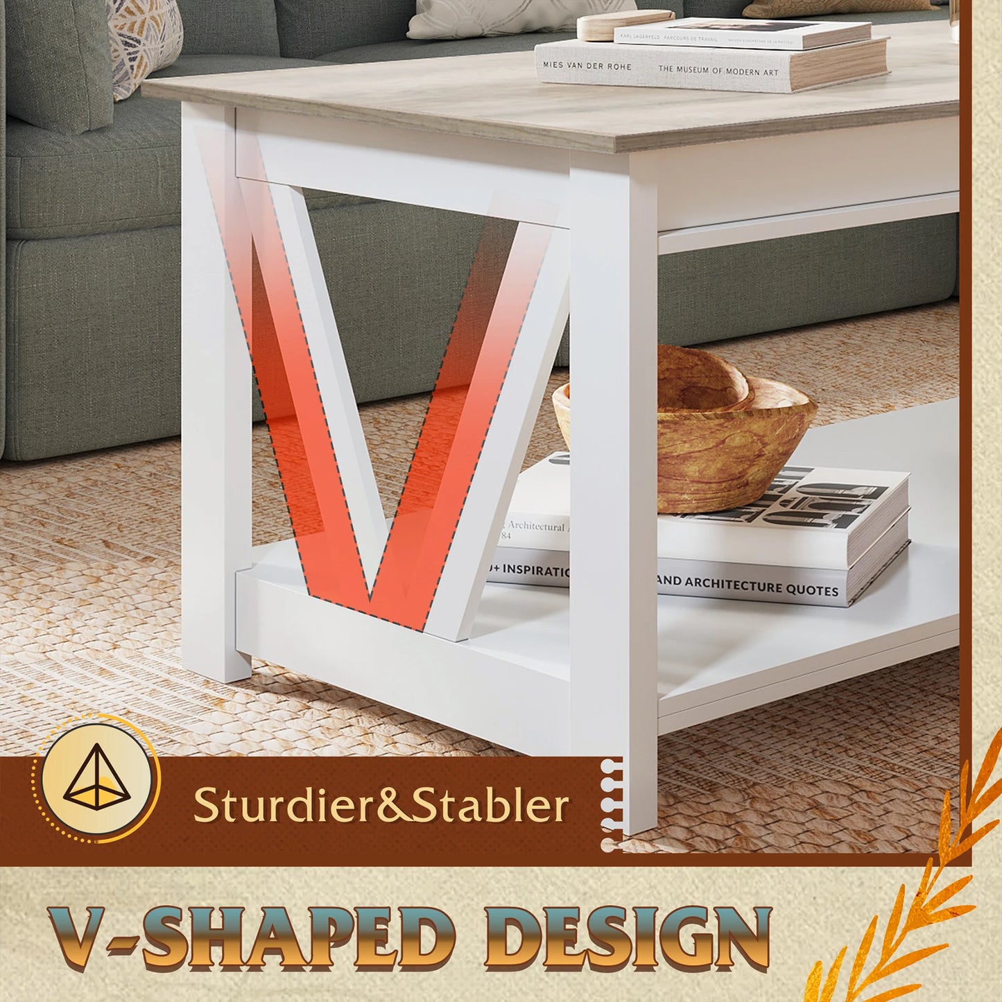 GALAXHERO Farmhouse Wood Coffee Table With Storage Shelf And V Shaped Support