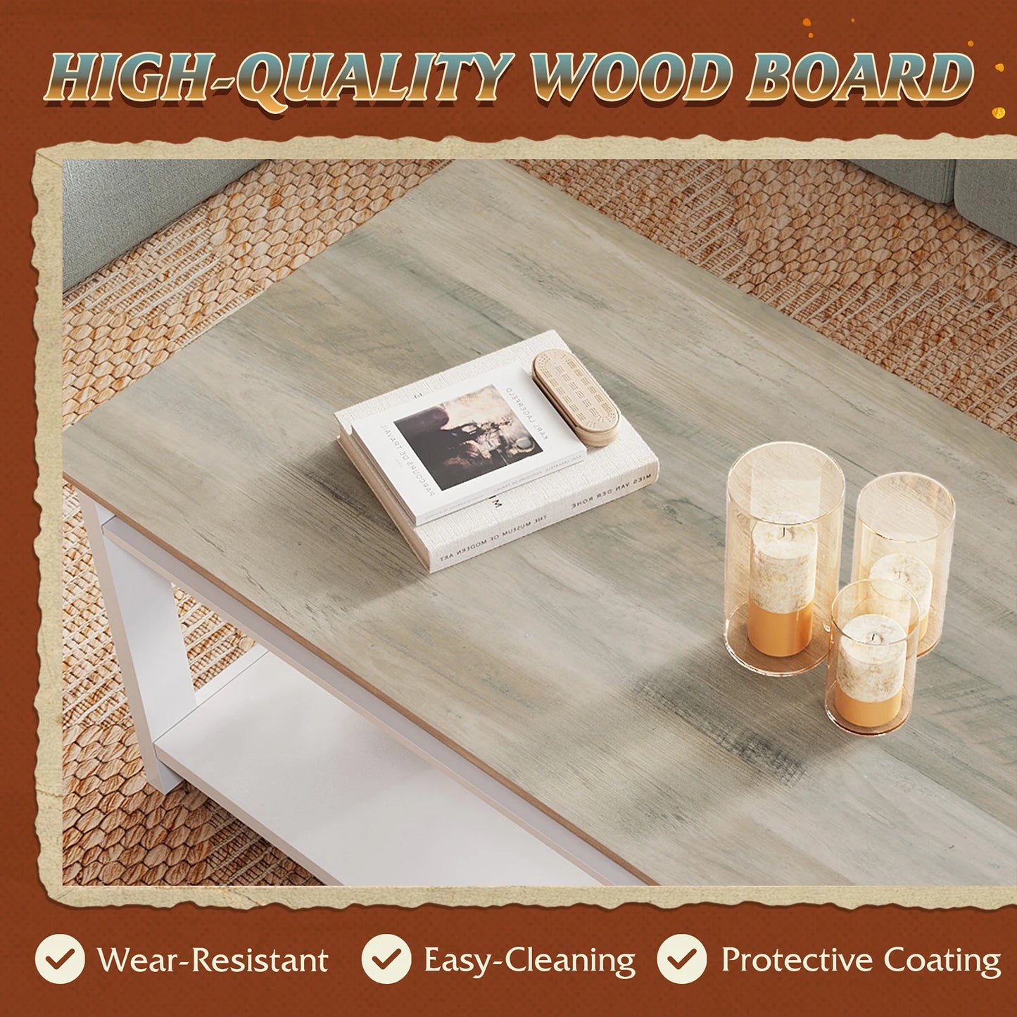 GALAXHERO Farmhouse Wood Coffee Table With Storage Shelf And V Shaped Support