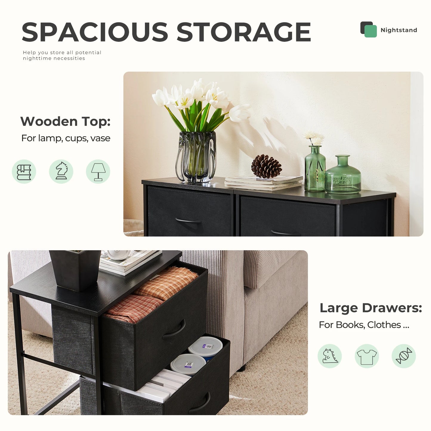 JHK Living Room Cabinet With Fabric Drawers Set Of 2