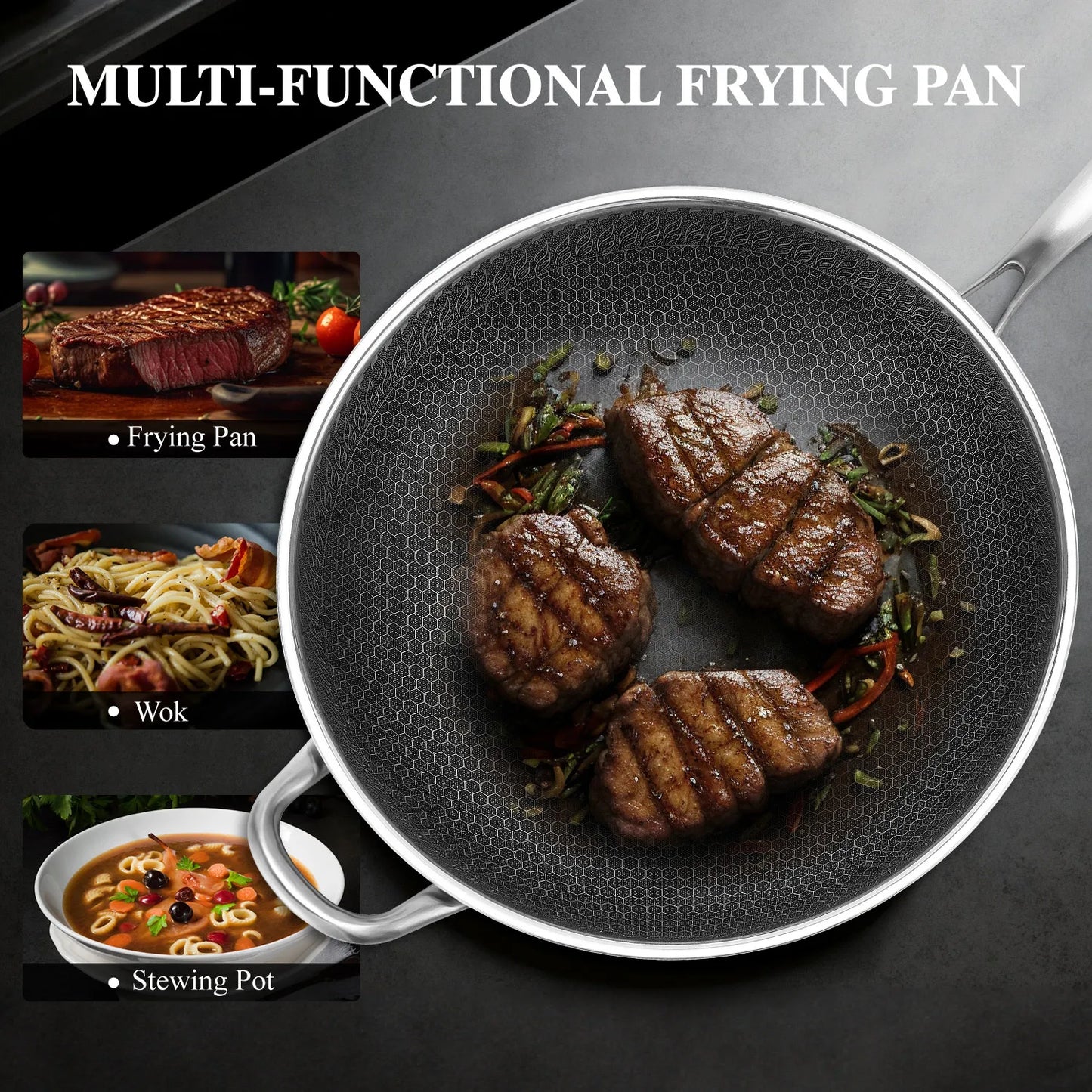 Hign-Concerned Hybrid Wok Pan With Lid Nonstick Stainless Steel