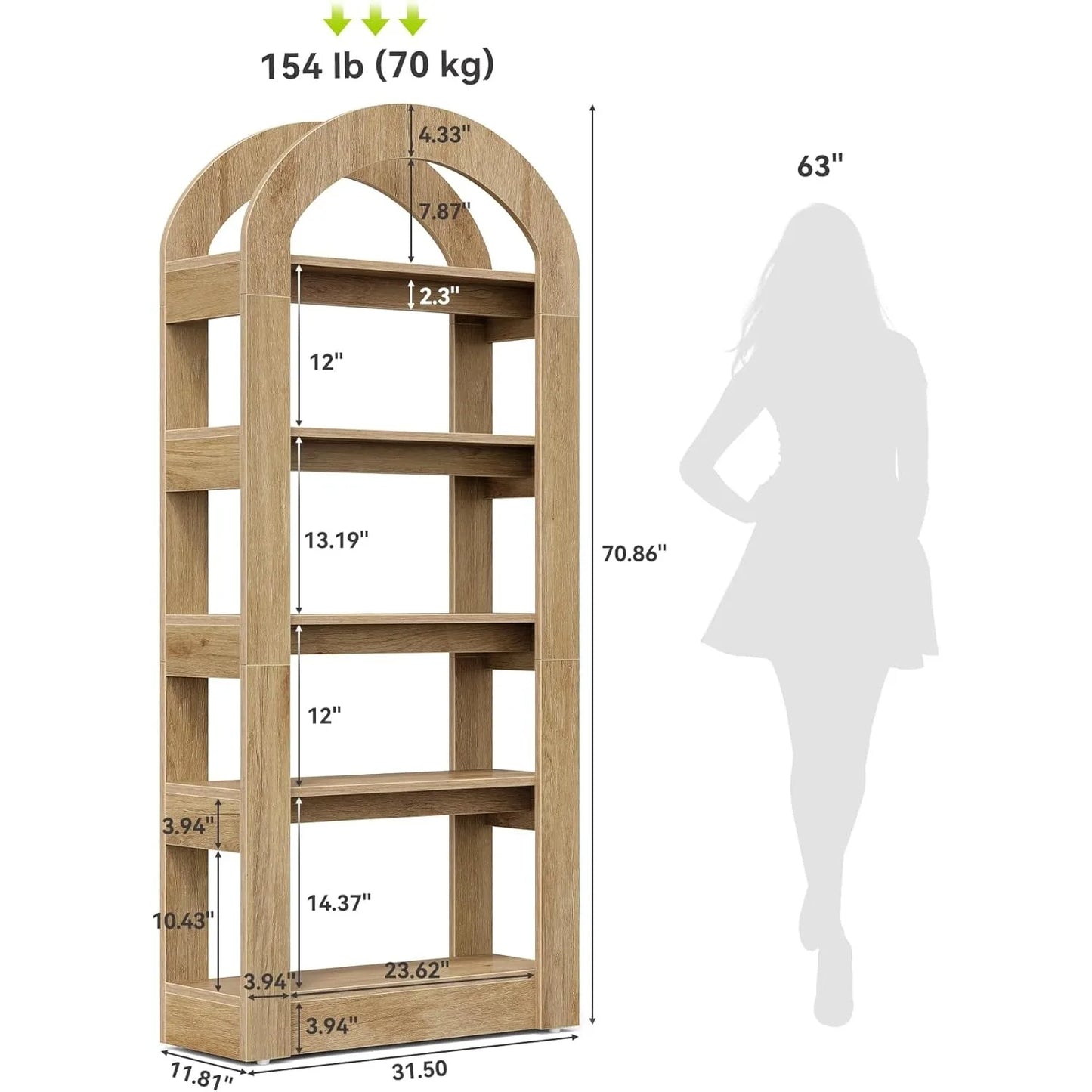 LITTLE TREE 5 Tier Bookshelf Arch Shaped Wooden Bookcase