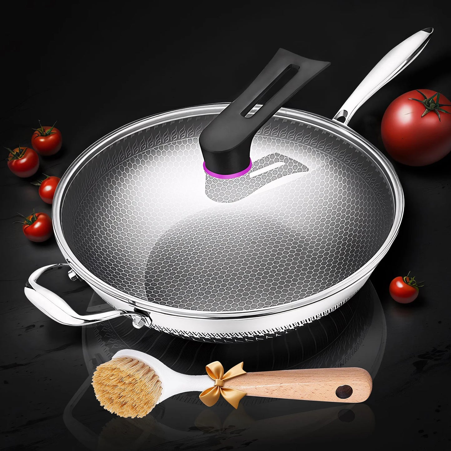Hign-Concerned Hybrid Wok Pan With Lid Nonstick Stainless Steel