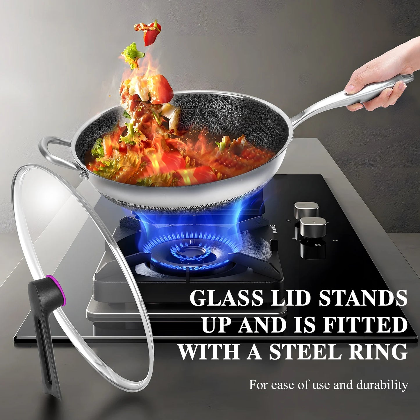 Hign-Concerned Hybrid Wok Pan With Lid Nonstick Stainless Steel