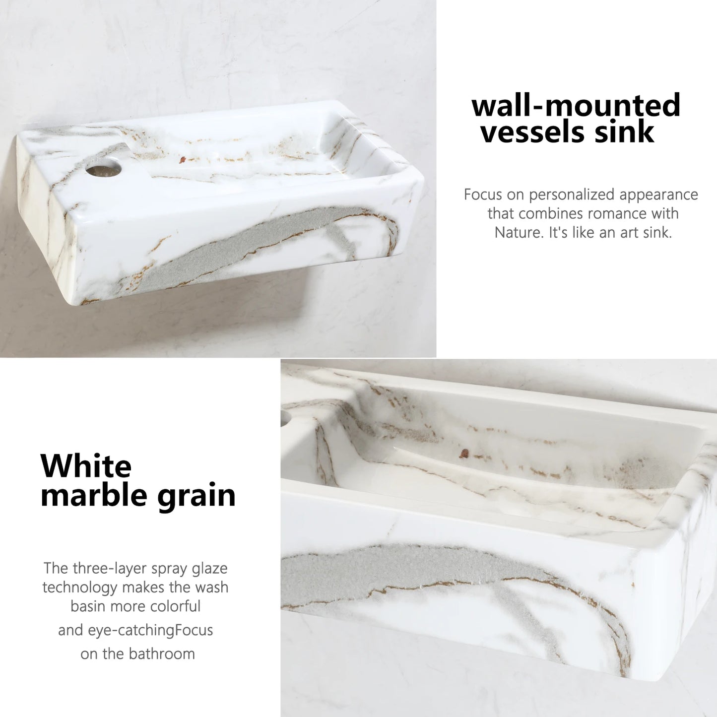 Torayvino Floating Vessel Sink Wall Mounted Rectangular Ceramic Basin