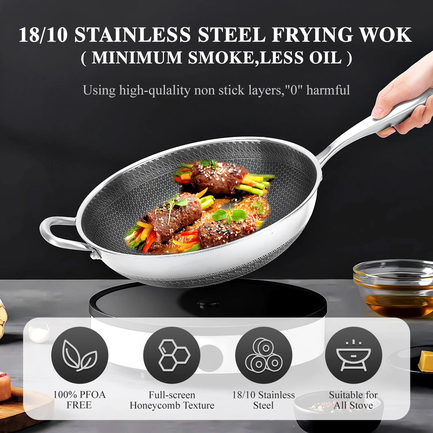 Hign-Concerned Hybrid Wok Pan With Lid Nonstick Stainless Steel