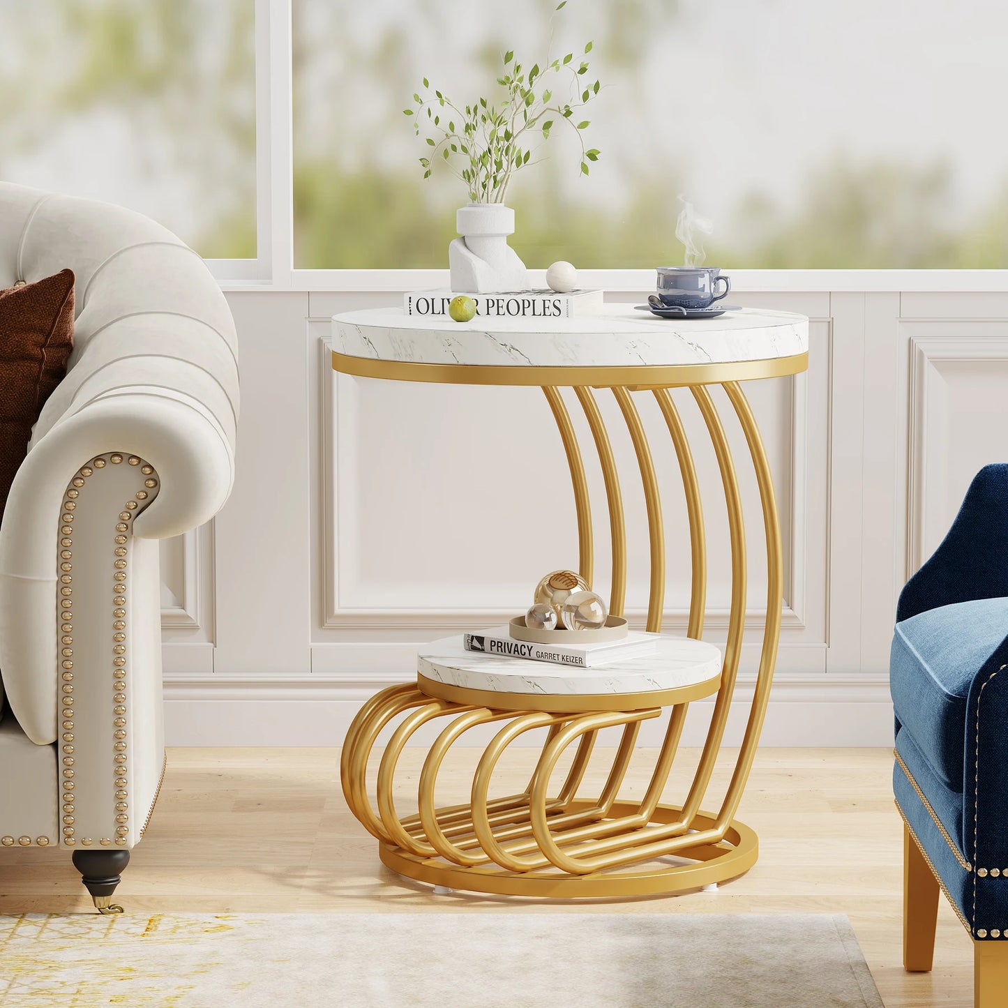 Tribesigns Two Tier Faux Marble End Table With Storage Shelf