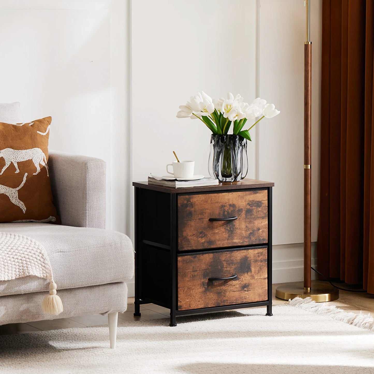 JHK Living Room Cabinet With Fabric Drawers Set Of 2